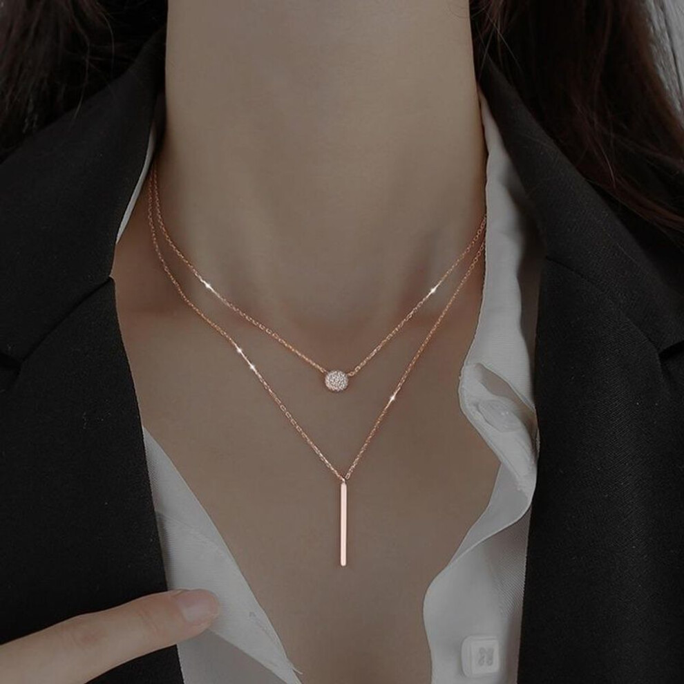 (rose gold, 1 pc) Square Flashing Diamond Round Geometric Double Necklace Female Clavicle Necklace Niche Cold and Simple Temperament Necklace Female