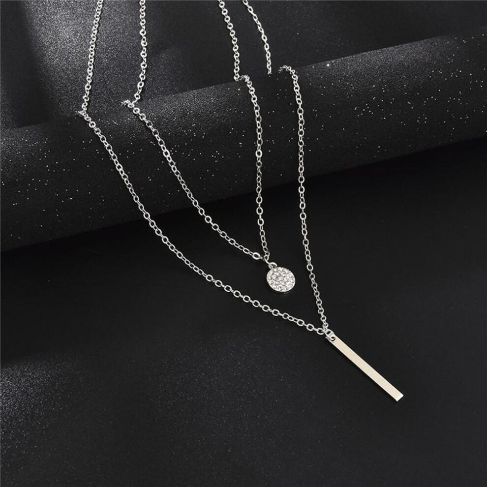 (silver, 1 pc) Square Flashing Diamond Round Geometric Double Necklace Female Clavicle Necklace Niche Cold and Simple Temperament Necklace Female