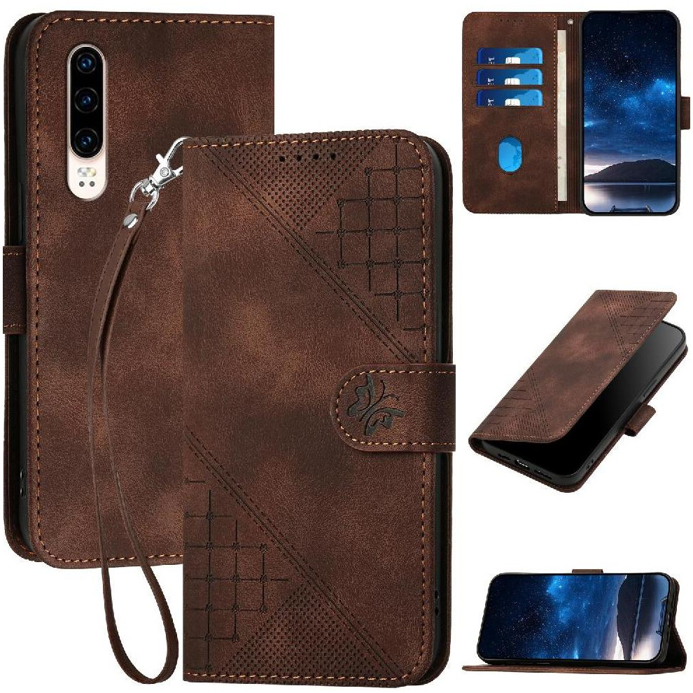 (Brown) Flip Case For Huawei P30 And Credit Card Slot High Quality Leather Phone Case Embossed Butterfly With Detachable Hand Strap Brown 764563526772