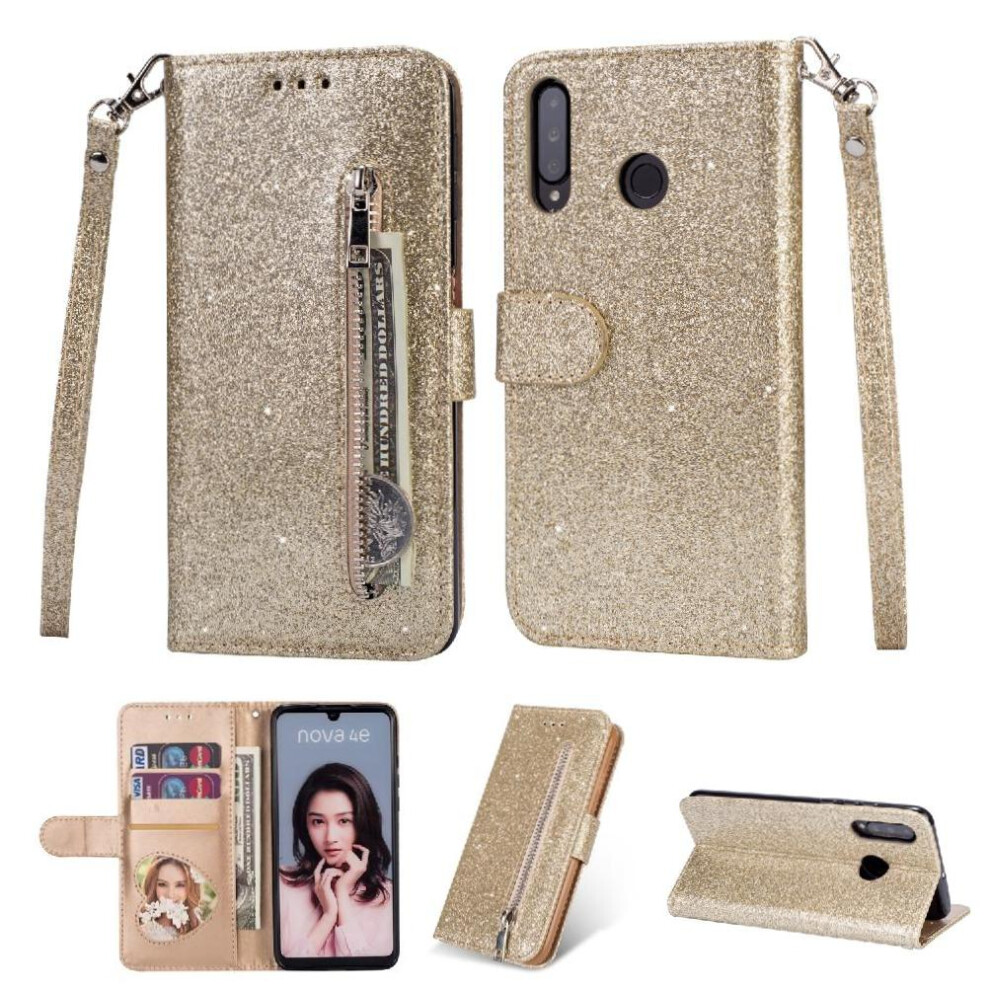 (Gold) Zipper Pocket Case For Huawei P30 Lite Pu Leather Wrist Strap Magnetic Closure Glitter Wallet Case Card Holder Gold 764563526802