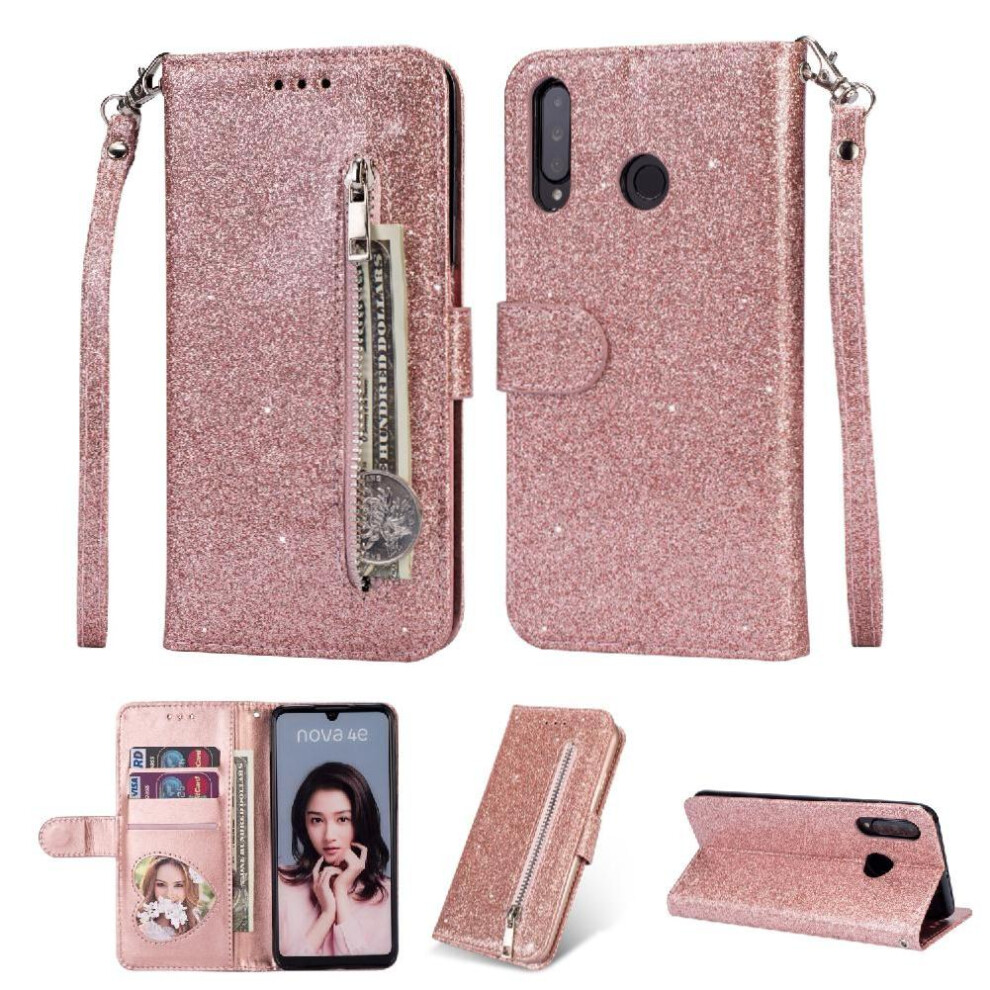 (Rose ) Zipper Pocket Case For Huawei P30 Lite Pu Leather Wrist Strap Magnetic Closure Glitter Wallet Case Card Holder Gold 764563526833