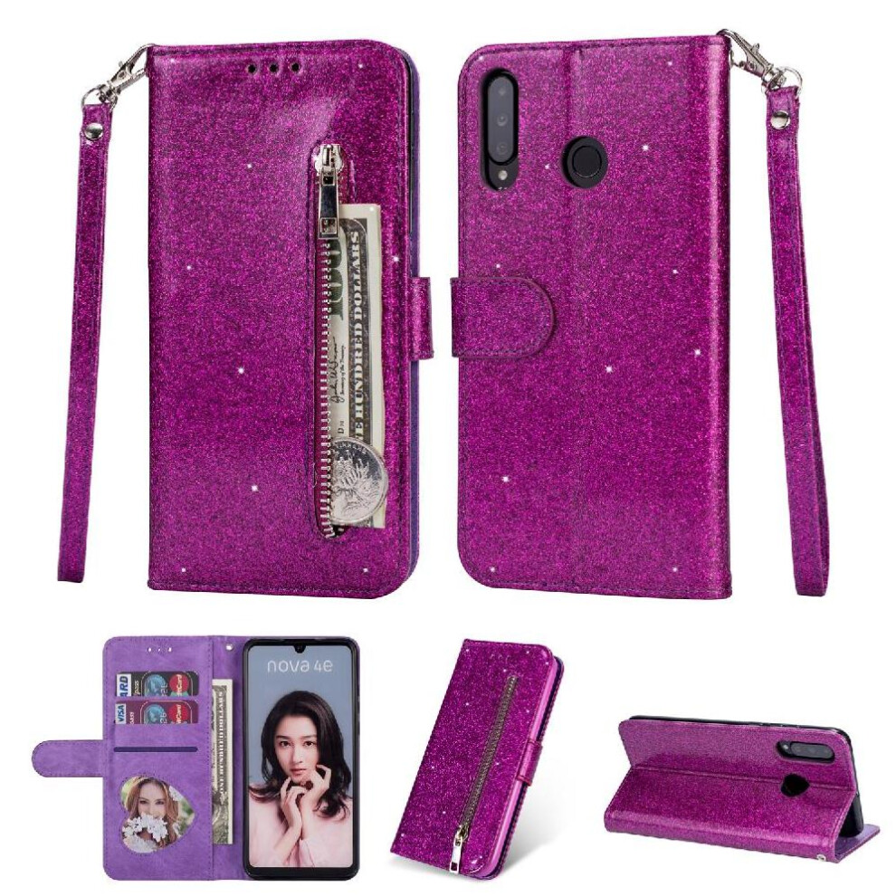 (Purple) Zipper Pocket Case For Huawei P30 Lite Pu Leather Wrist Strap Magnetic Closure Glitter Wallet Case Card Holder Purple 764563526857