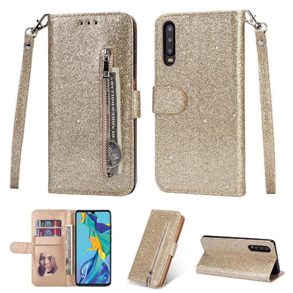 (Gold) Zipper Pocket Case For Huawei P30 Glitter Wallet Case Wrist Strap Magnetic Closure Pu Leather Card Holder Gold 764563526864