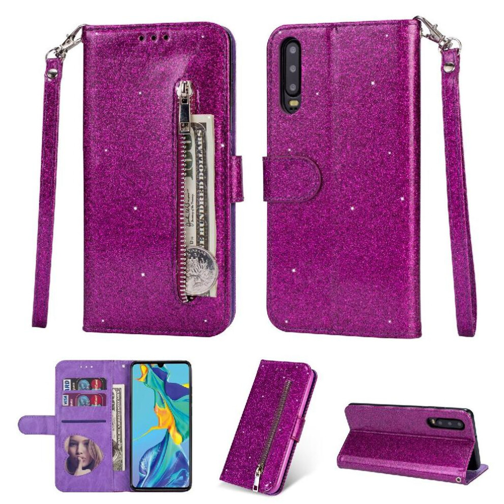 (Purple) Zipper Pocket Case For Huawei P30 Glitter Wallet Case Wrist Strap Magnetic Closure Pu Leather Card Holder Purple 764563526918