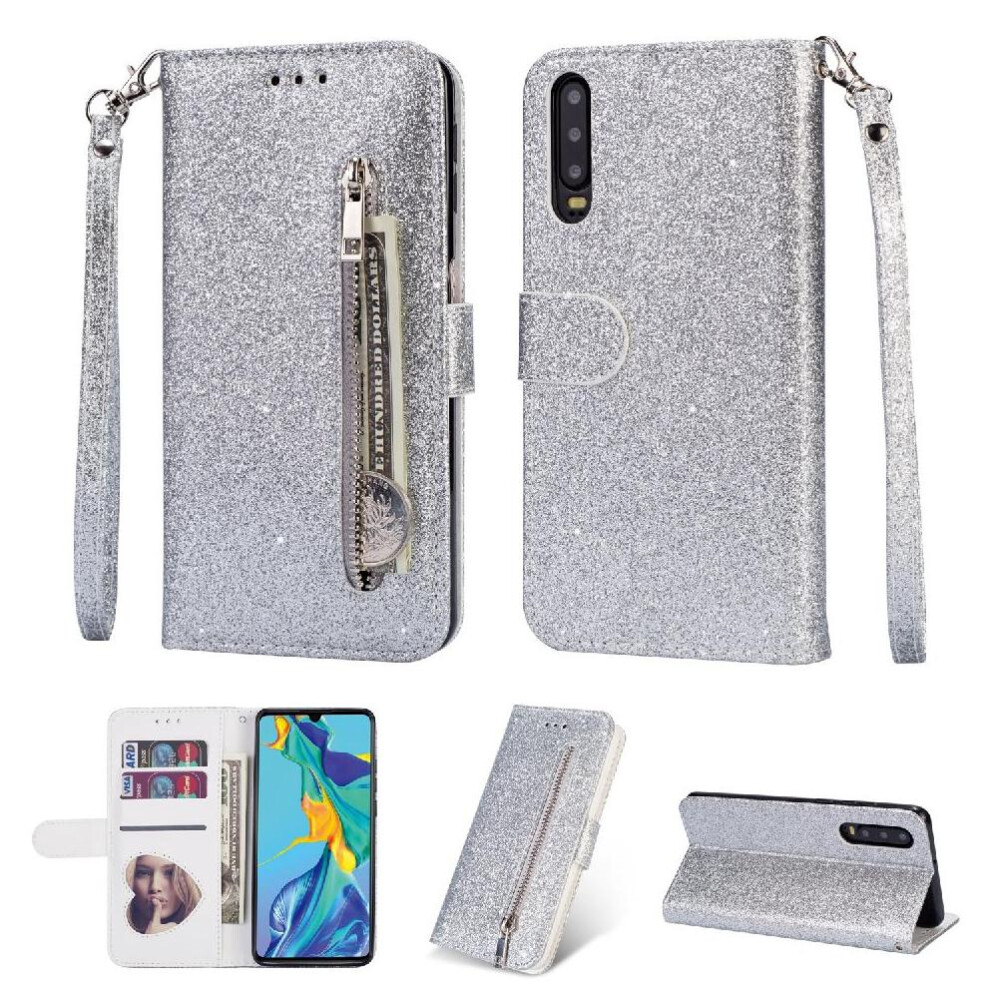 (Silver) Zipper Pocket Case For Huawei P30 Glitter Wallet Case Wrist Strap Magnetic Closure Pu Leather Card Holder Silver 764563526871