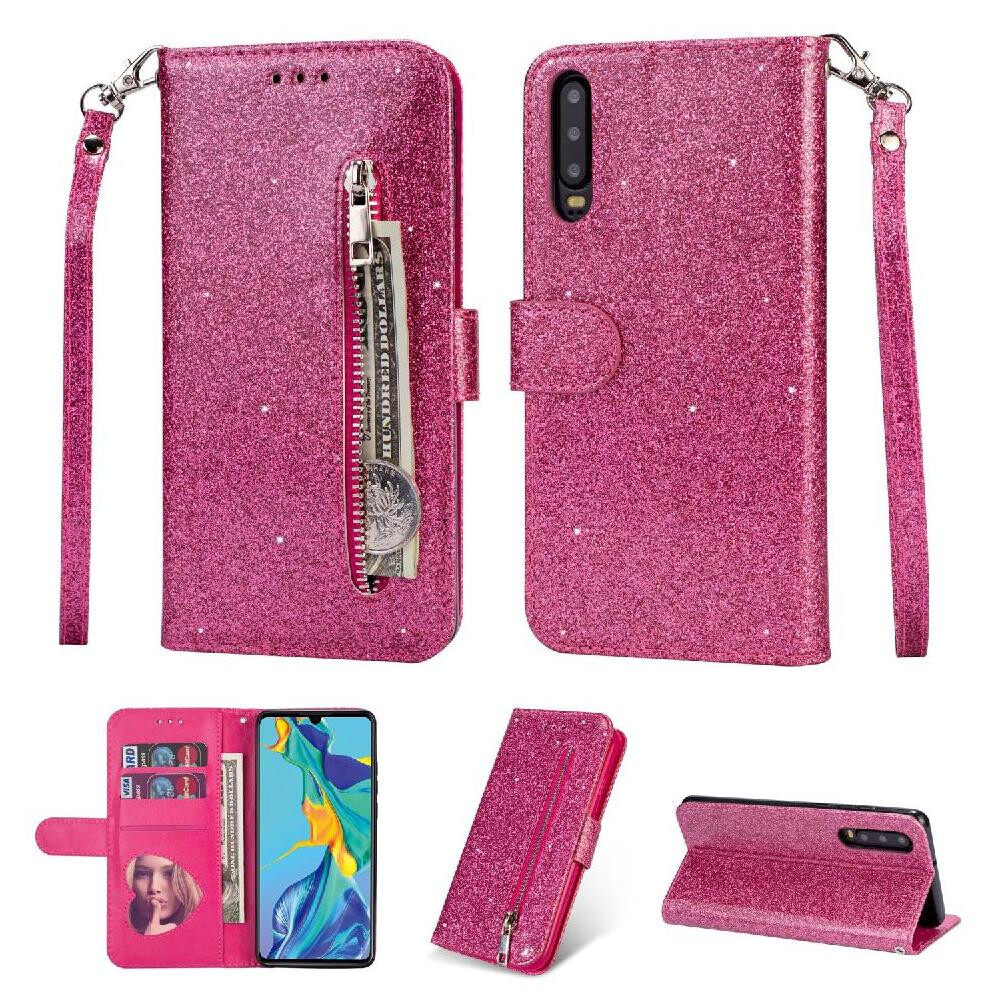 (Rose ) Zipper Pocket Case For Huawei P30 Glitter Wallet Case Wrist Strap Magnetic Closure Pu Leather Card Holder Red 764563526901