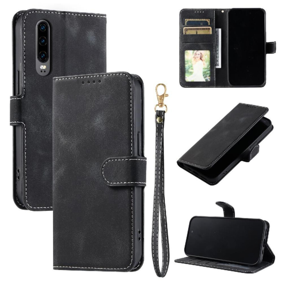 (Black) Flip Case For Huawei P30 Wallet Card Slots Pu Leather Wrist Strap Kickstand Magnetic Black 764563526949