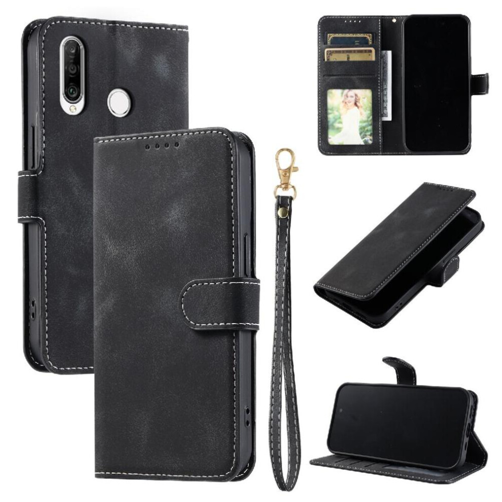 (Black) Flip Case For Huawei P30 Lite Pu Leather Magnetic Wrist Strap Kickstand Wallet Card Slots Black 764563527007