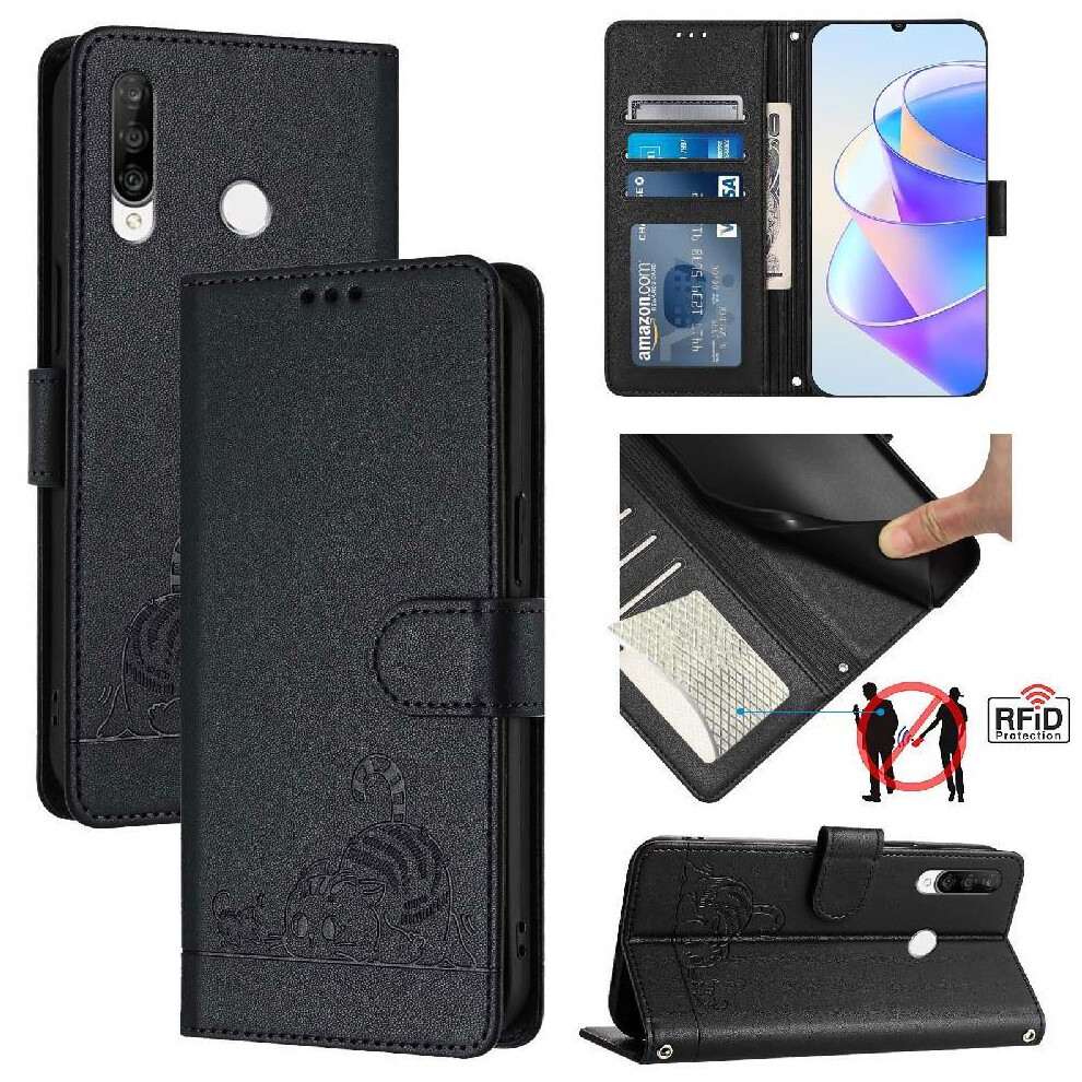 (Black) Case For Huawei P30 Lite Card Slot Holder Kickstand Wallet Flip Cover Cat Rfid Black 764563527175