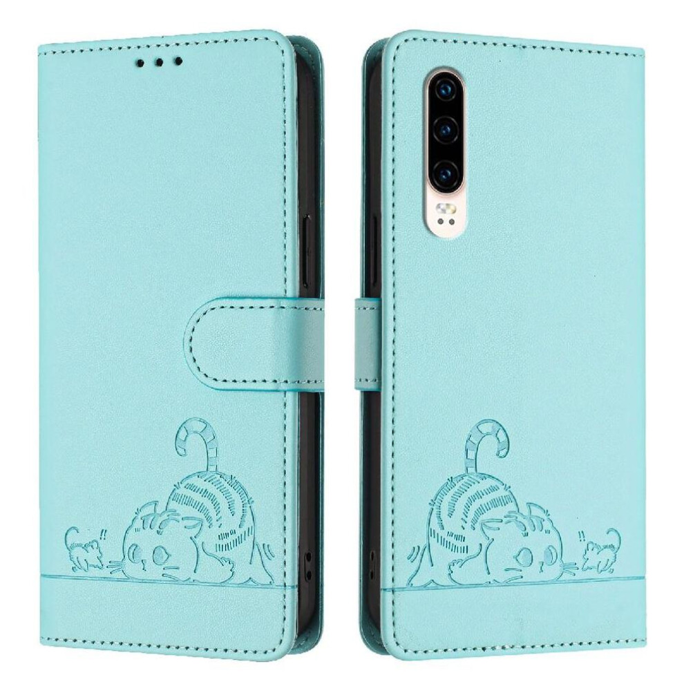 (Green) Case For Huawei P30 Wallet Flip Cover Cat Rfid Card Slot Holder Kickstand Green 764563527212