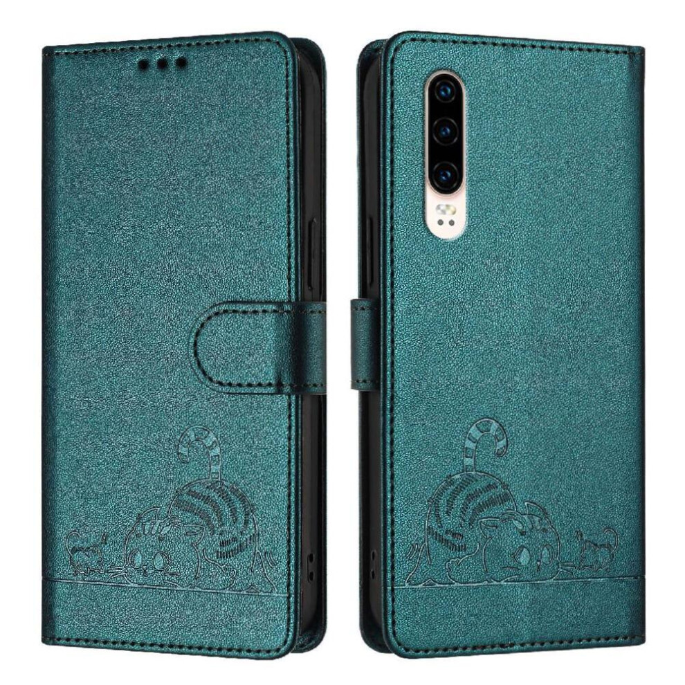 (Bottle ) Case For Huawei P30 Wallet Flip Cover Cat Rfid Card Slot Holder Kickstand Green 764563527205