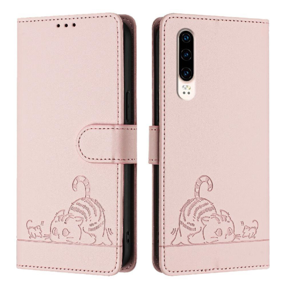 (Pink) Case For Huawei P30 Wallet Flip Cover Cat Rfid Card Slot Holder Kickstand Pink 764563527229