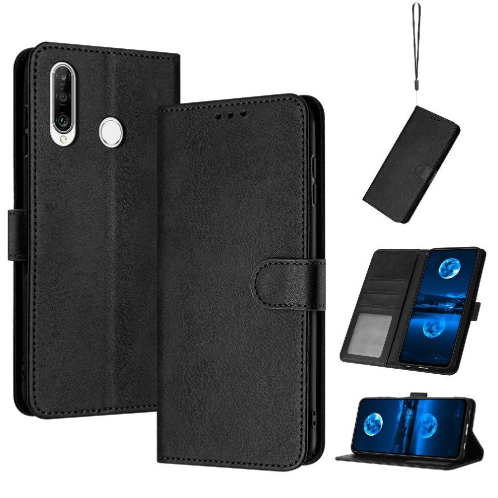 (Black) Flip Case For Huawei P30 Lite Pure Colour With Buckle With Card Slot Kickstand Pu Leather Black 764563527373