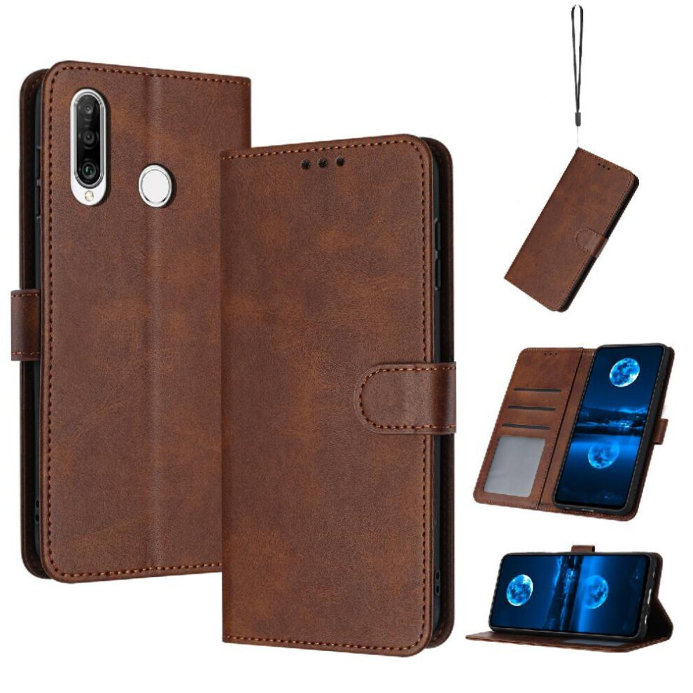 (Brown) Flip Case For Huawei P30 Lite Pure Colour With Buckle With Card Slot Kickstand Pu Leather Brown 764563527366