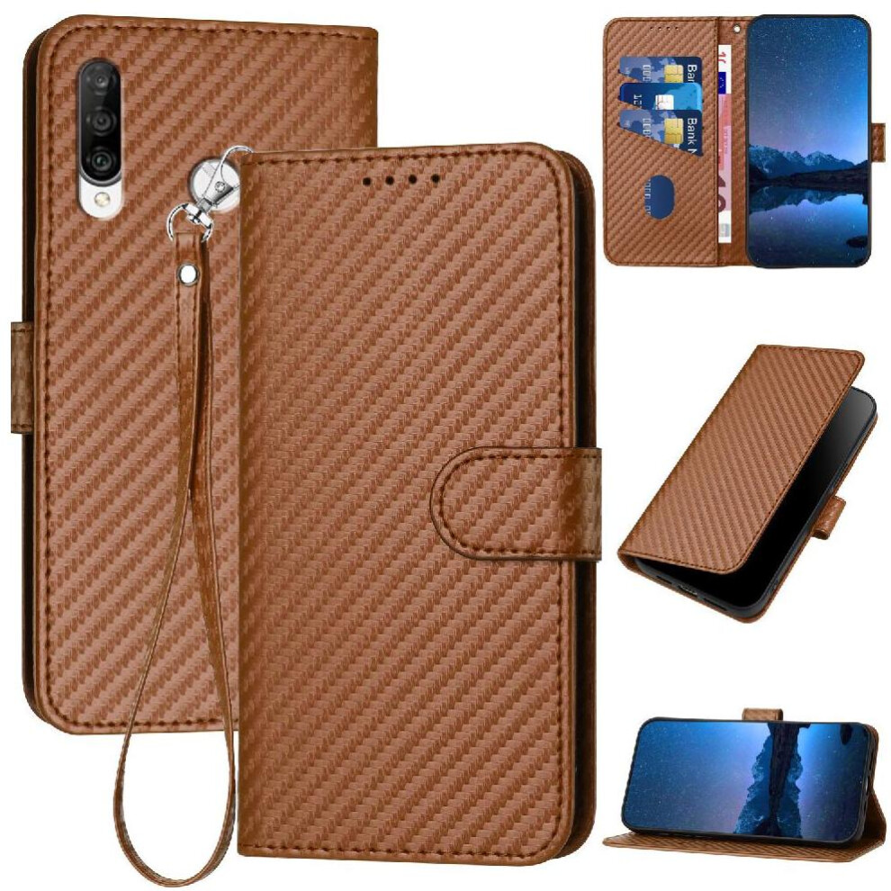 (Brown) Flip Case For Huawei P30 Lite With Detachable Hand Strap Premium Leather Carbon Fiber Surface With Card Slot And Kickstand Brown 764563527557