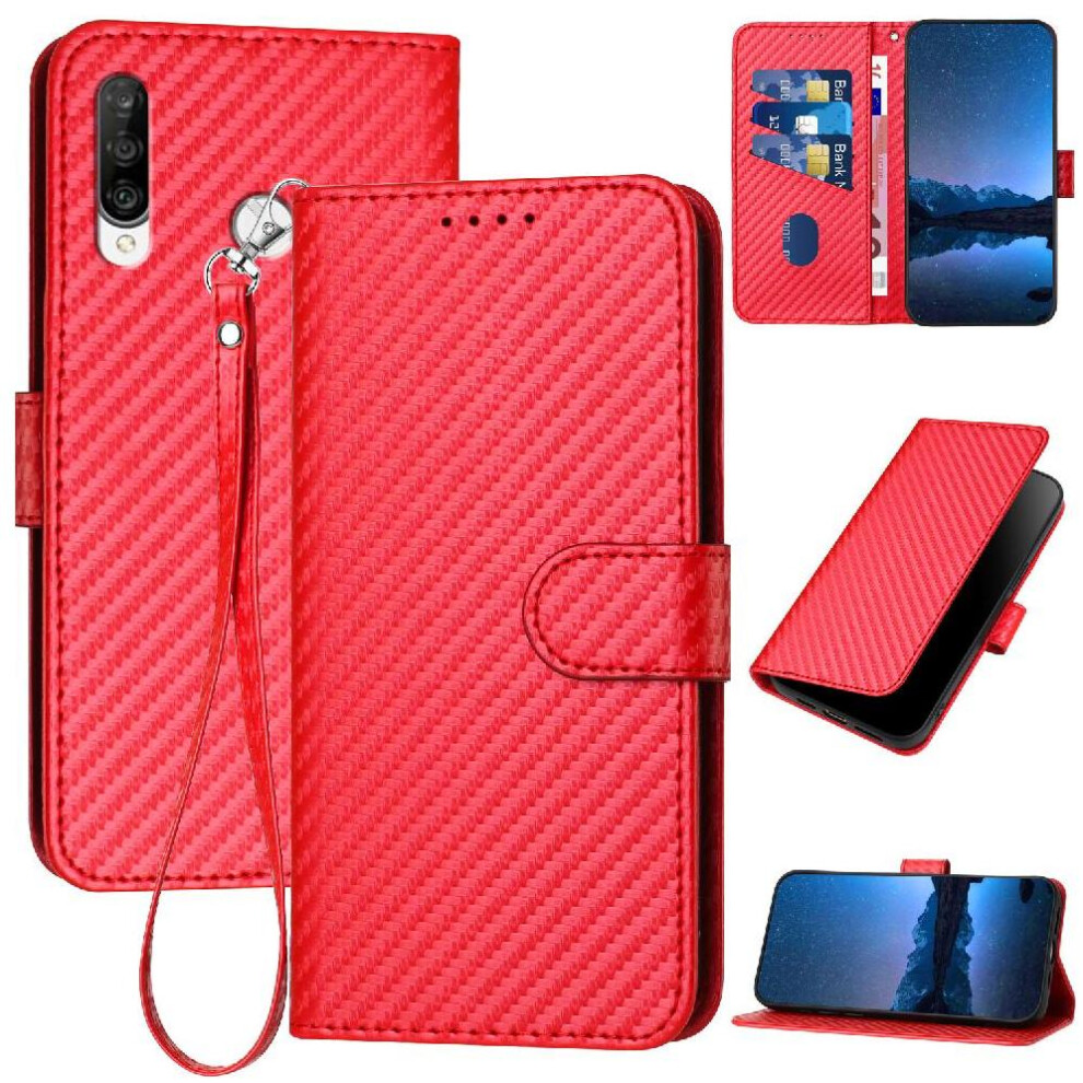 (Red) Flip Case For Huawei P30 Lite With Detachable Hand Strap Premium Leather Carbon Fiber Surface With Card Slot And Kickstand Red 764563527526