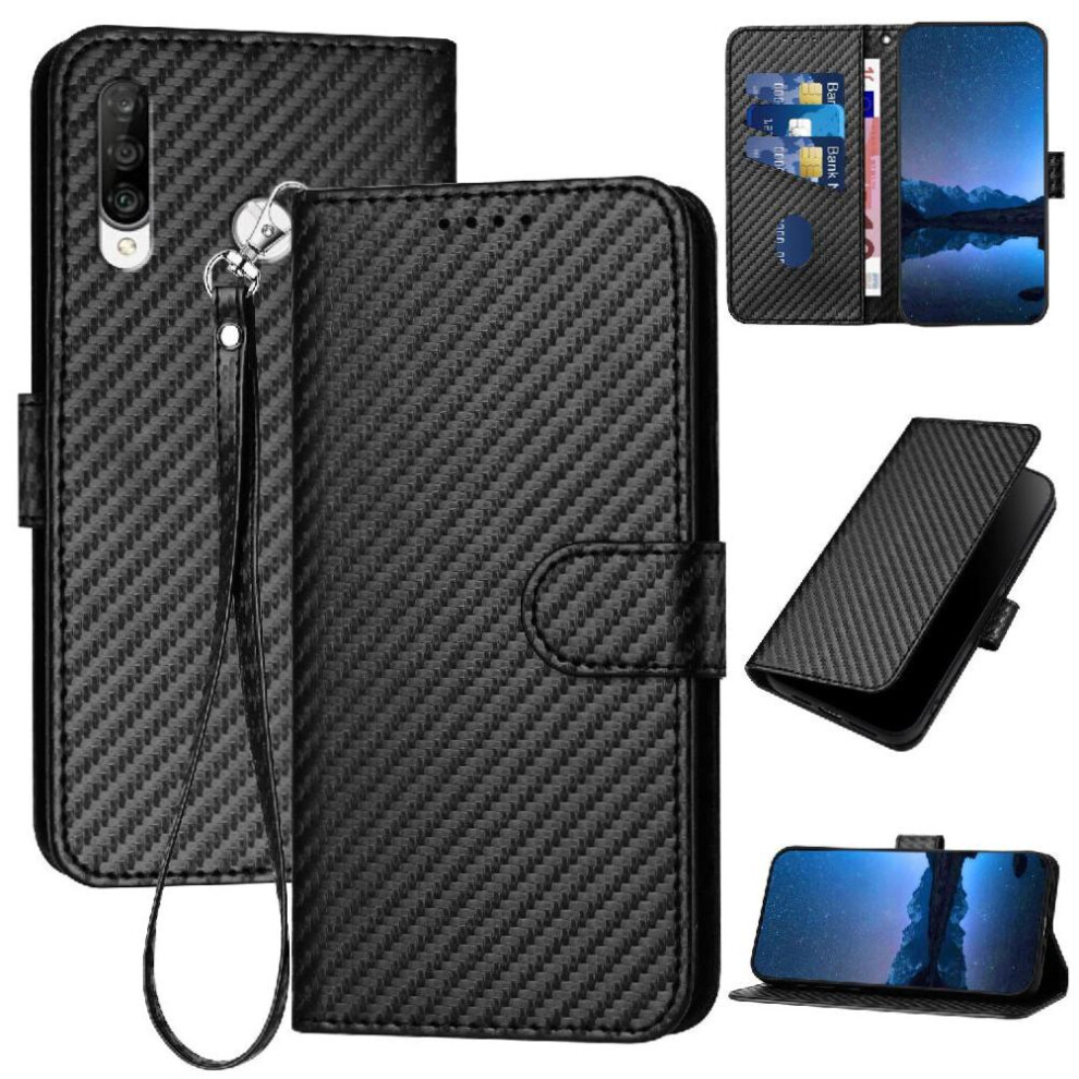 (Black) Flip Case For Huawei P30 Lite With Detachable Hand Strap Premium Leather Carbon Fiber Surface With Card Slot And Kickstand Black 764563527571