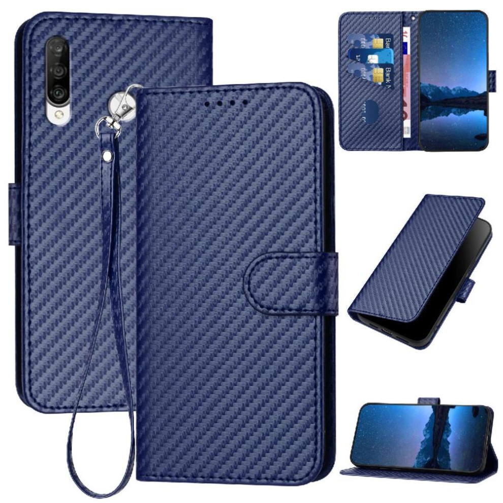 (Blue) Flip Case For Huawei P30 Lite With Detachable Hand Strap Premium Leather Carbon Fiber Surface With Card Slot And Kickstand Blue 764563527540
