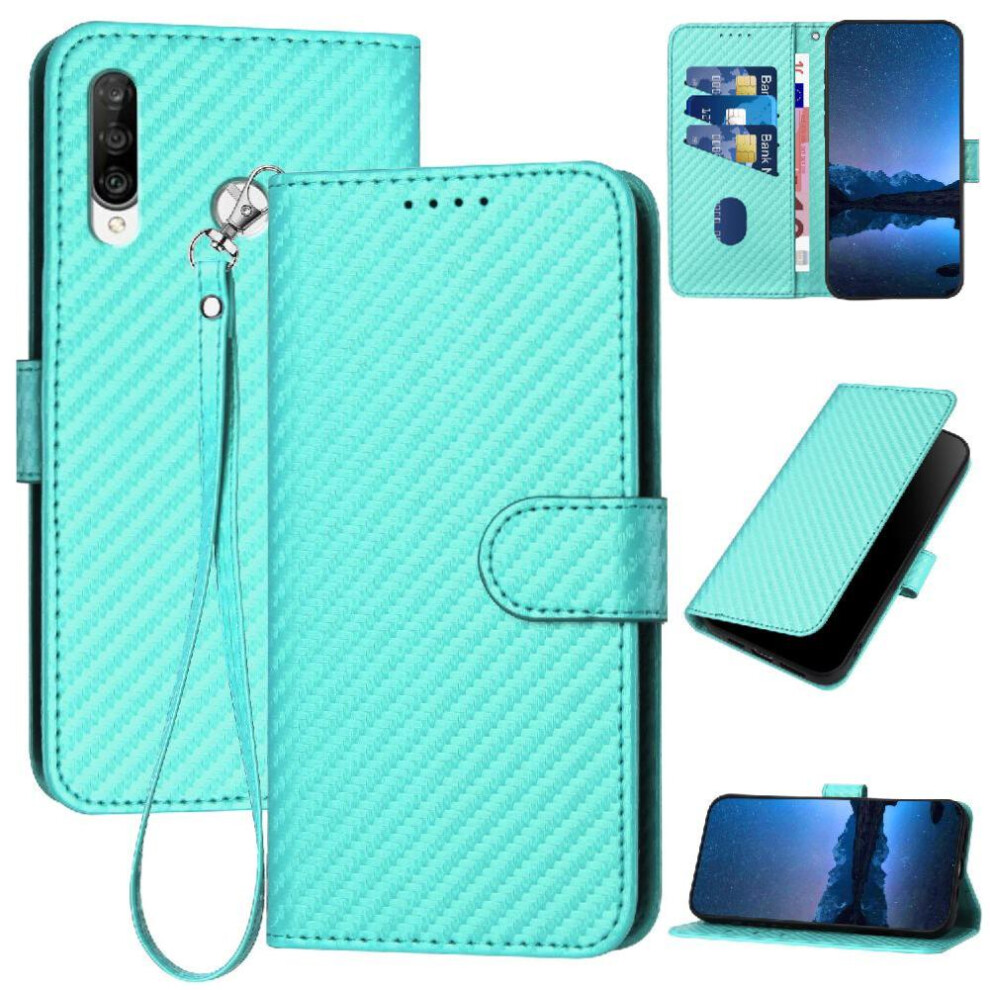 (Green) Flip Case For Huawei P30 Lite With Detachable Hand Strap Premium Leather Carbon Fiber Surface With Card Slot And Kickstand Green 764563527533