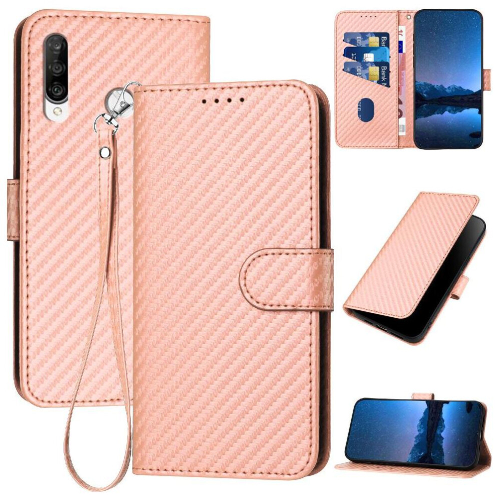 (Pink) Flip Case For Huawei P30 Lite With Detachable Hand Strap Premium Leather Carbon Fiber Surface With Card Slot And Kickstand Pink 764563527588