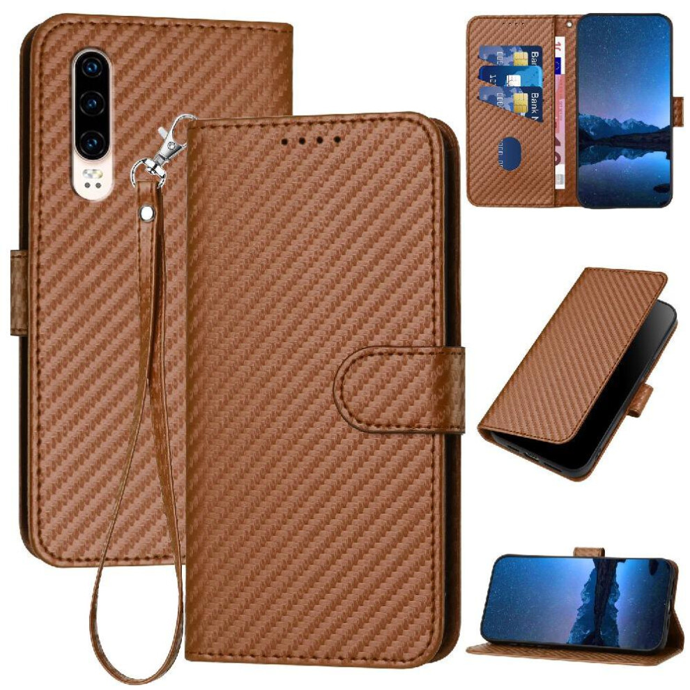 (Brown) Flip Case For Huawei P30 Carbon Fiber Surface Premium Leather With Detachable Hand Strap With Card Slot And Kickstand Brown 764563527632