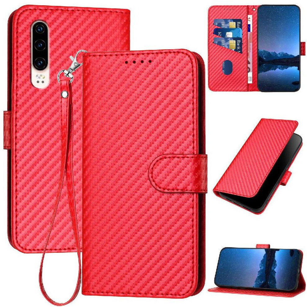 (Red) Flip Case For Huawei P30 Carbon Fiber Surface Premium Leather With Detachable Hand Strap With Card Slot And Kickstand Red 764563527601