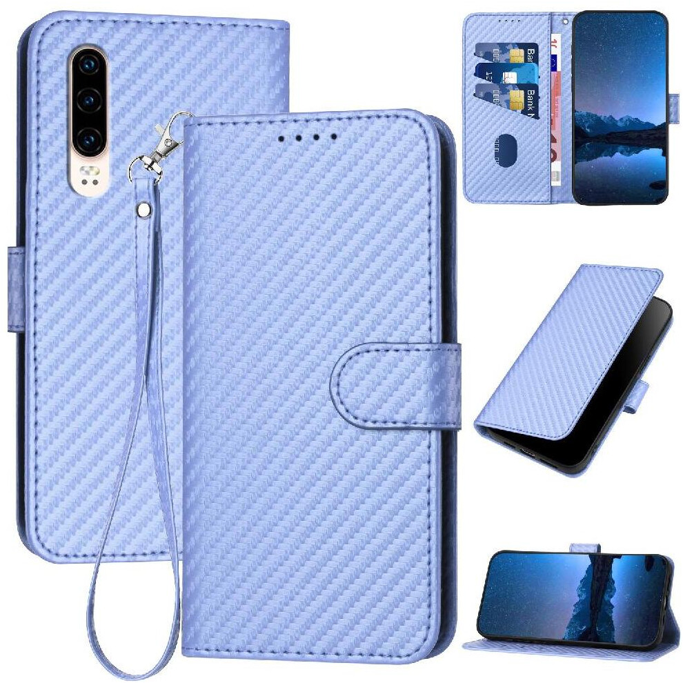 (Purple) Flip Case For Huawei P30 Carbon Fiber Surface Premium Leather With Detachable Hand Strap With Card Slot And Kickstand Purple 764563527649