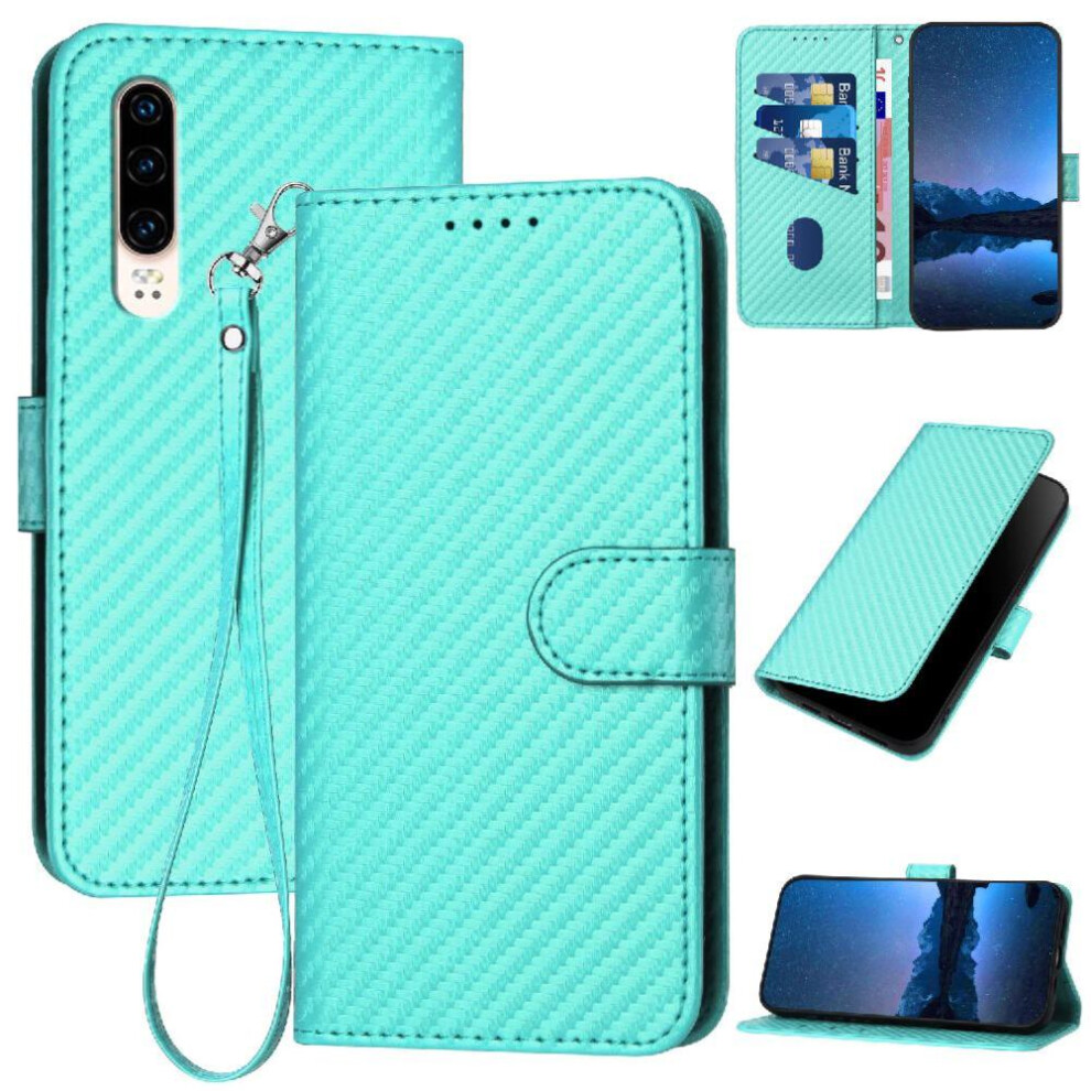(Green) Flip Case For Huawei P30 Carbon Fiber Surface Premium Leather With Detachable Hand Strap With Card Slot And Kickstand Green 764563527618