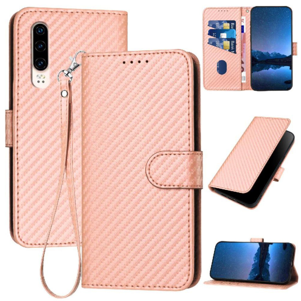 (Pink) Flip Case For Huawei P30 Carbon Fiber Surface Premium Leather With Detachable Hand Strap With Card Slot And Kickstand Pink 764563527663