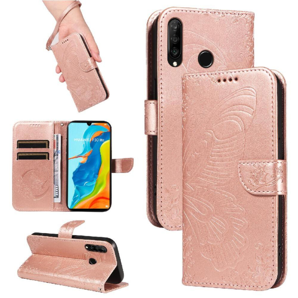 (Pink) Flip Case For Huawei P30 Lite With Credit Card Slot High Quality Leather Detachable Hand Strap Embossed Butterfly Pink 764563527847