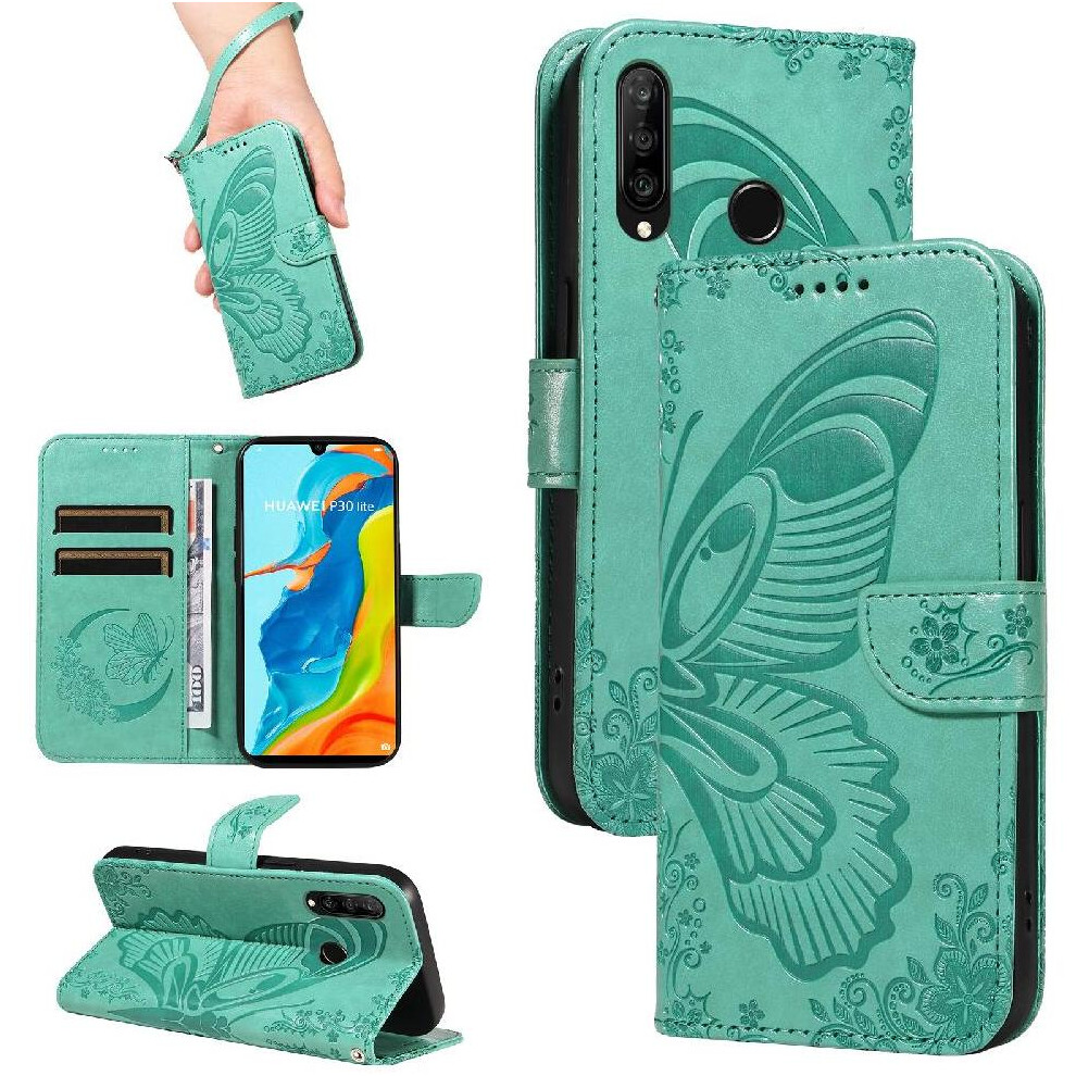 (Green) Flip Case For Huawei P30 Lite With Credit Card Slot High Quality Leather Detachable Hand Strap Embossed Butterfly Green 764563527854