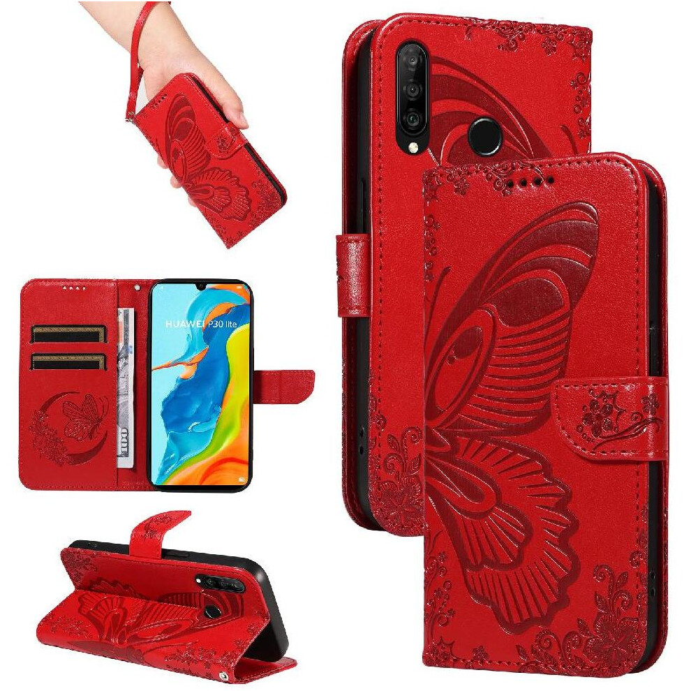 (Red) Flip Case For Huawei P30 Lite With Credit Card Slot High Quality Leather Detachable Hand Strap Embossed Butterfly Red 764563527885