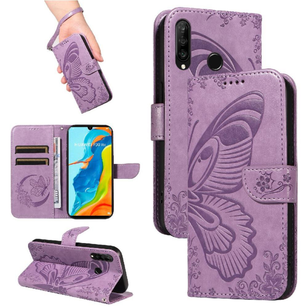 (Purple) Flip Case For Huawei P30 Lite With Credit Card Slot High Quality Leather Detachable Hand Strap Embossed Butterfly Purple 764563527878