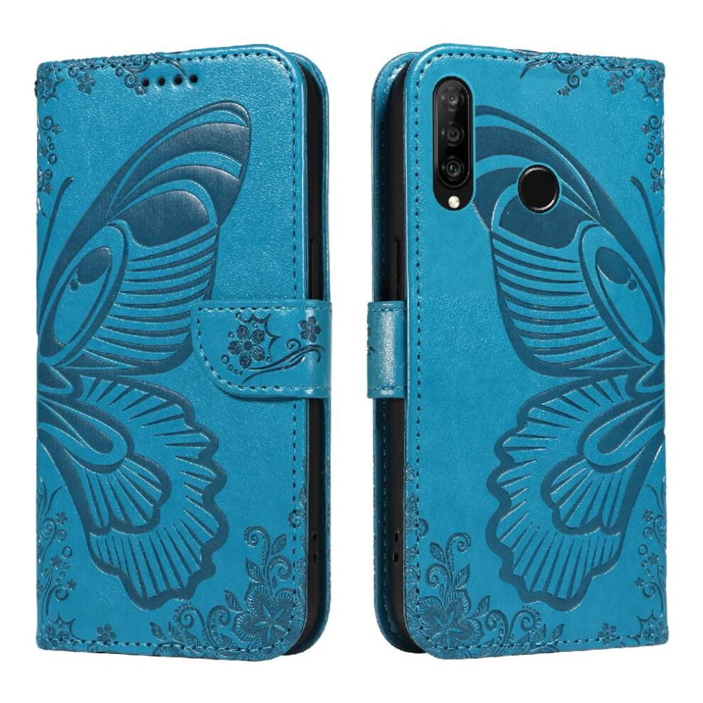 (Blue) Flip Case For Huawei P30 Lite With Credit Card Slot High Quality Leather Detachable Hand Strap Embossed Butterfly Blue 764563527892