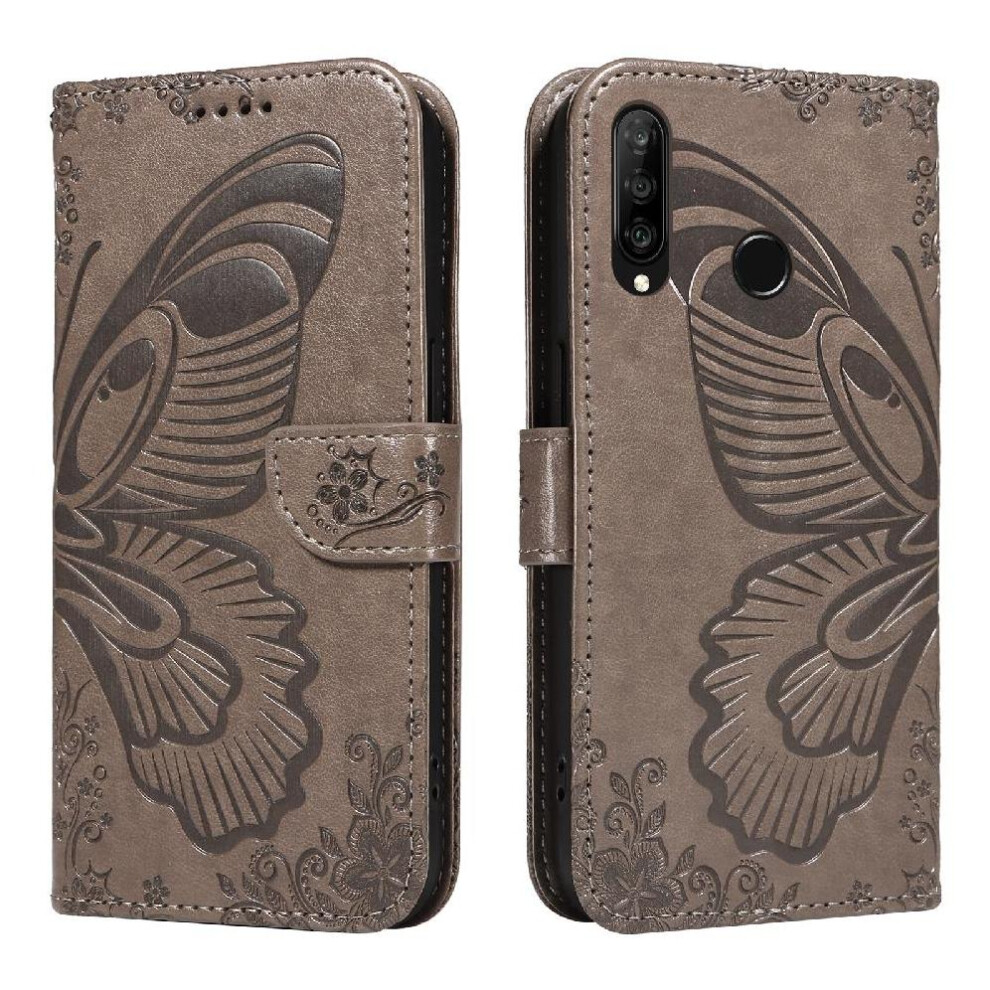 ( ) Flip Case For Huawei P30 Lite With Credit Card Slot High Quality Leather Detachable Hand Strap Embossed Butterfly Gray 764563527861
