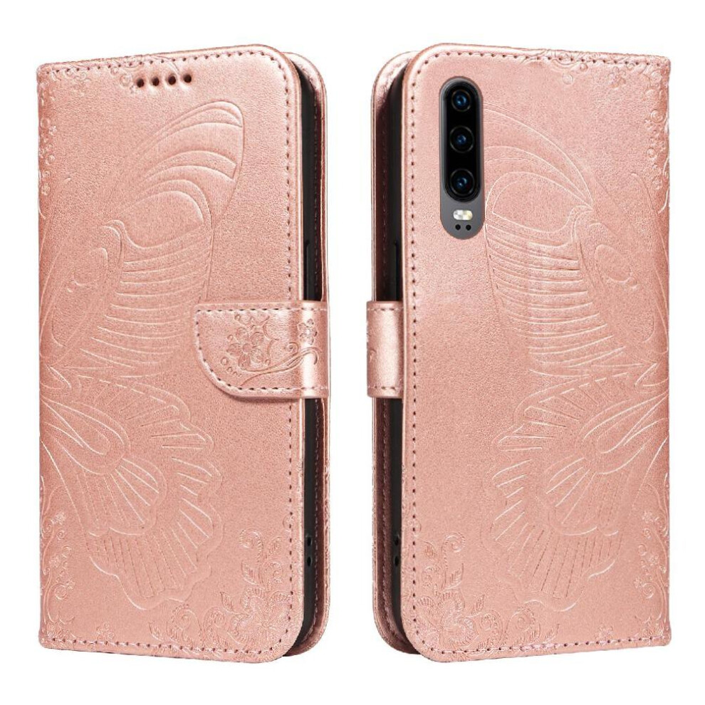 (Pink) Flip Case For Huawei P30 With Credit Card Slot Detachable Hand Strap High Quality Leather Embossed Butterfly Pink 764563527908