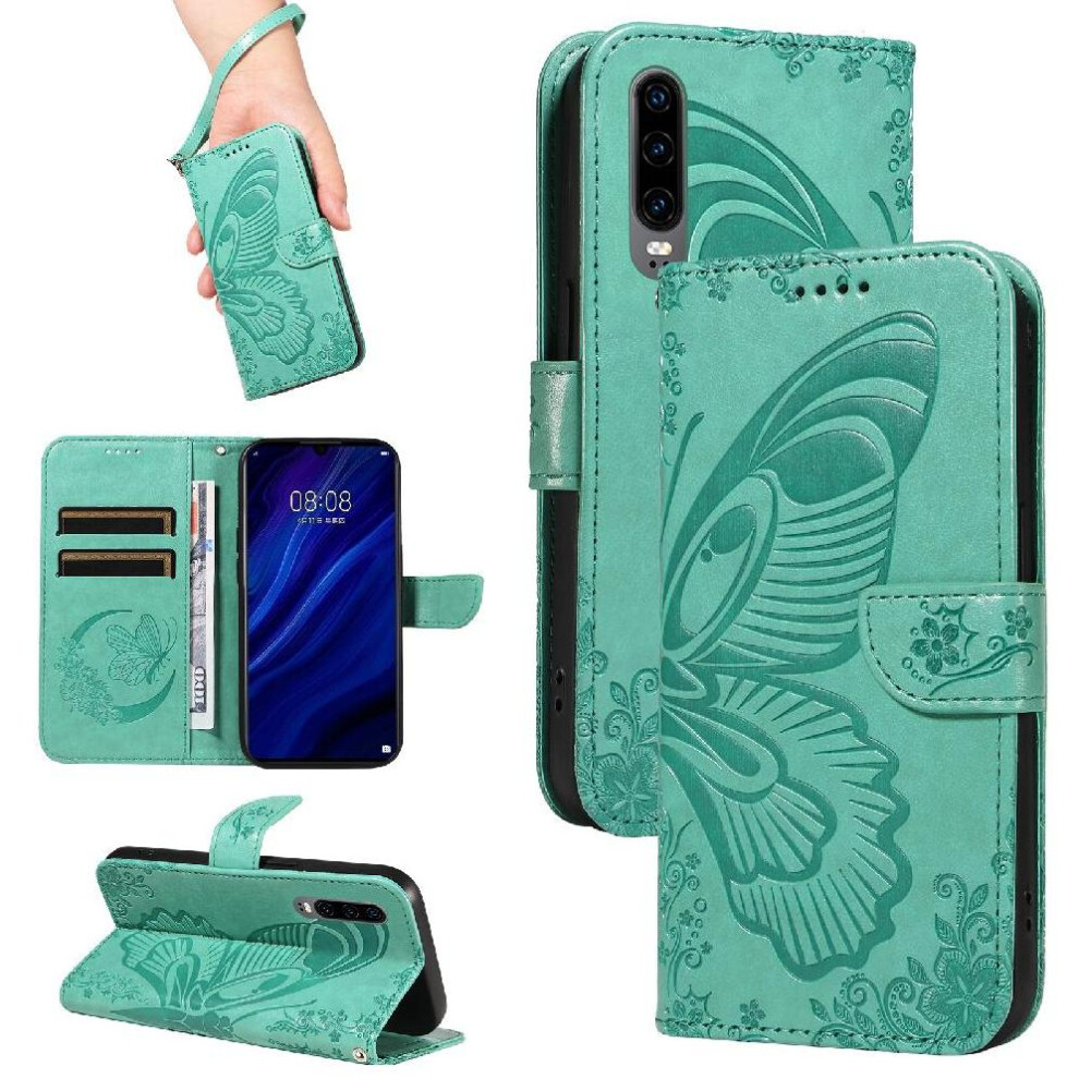 (Green) Flip Case For Huawei P30 With Credit Card Slot Detachable Hand Strap High Quality Leather Embossed Butterfly Green 764563527915