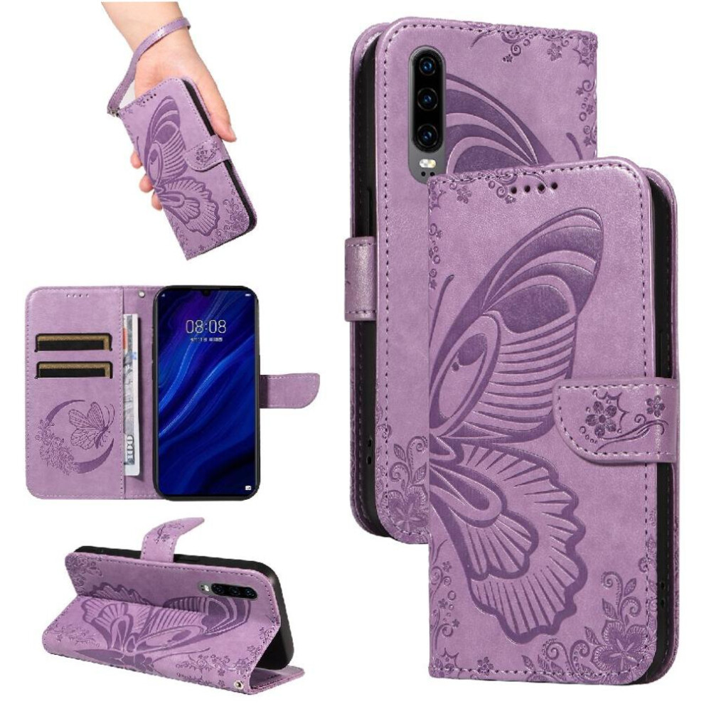 (Purple) Flip Case For Huawei P30 With Credit Card Slot Detachable Hand Strap High Quality Leather Embossed Butterfly Purple 764563527939