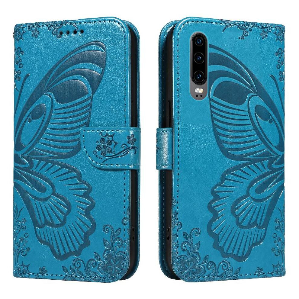 (Blue) Flip Case For Huawei P30 With Credit Card Slot Detachable Hand Strap High Quality Leather Embossed Butterfly Blue 764563527953