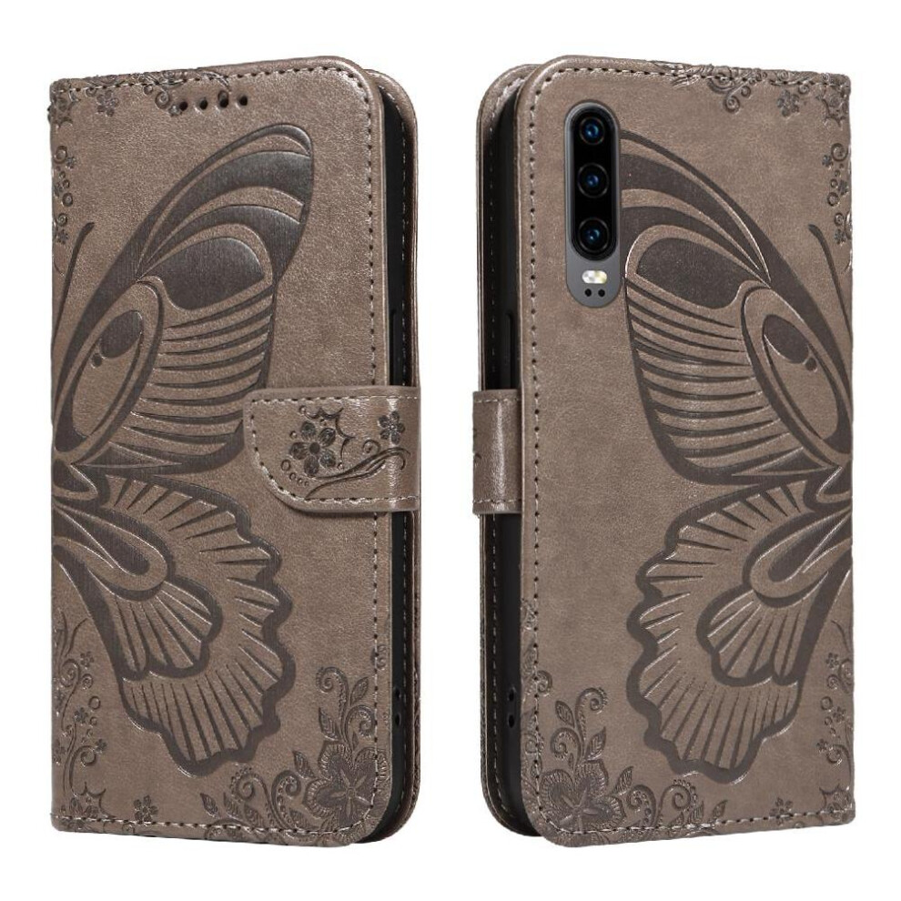 ( ) Flip Case For Huawei P30 With Credit Card Slot Detachable Hand Strap High Quality Leather Embossed Butterfly Gray 764563527922