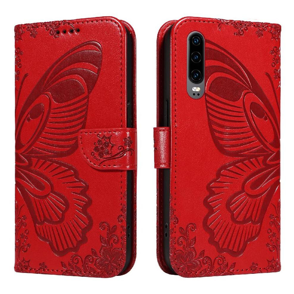 (Red) Flip Case For Huawei P30 With Credit Card Slot Detachable Hand Strap High Quality Leather Embossed Butterfly Red 764563527946