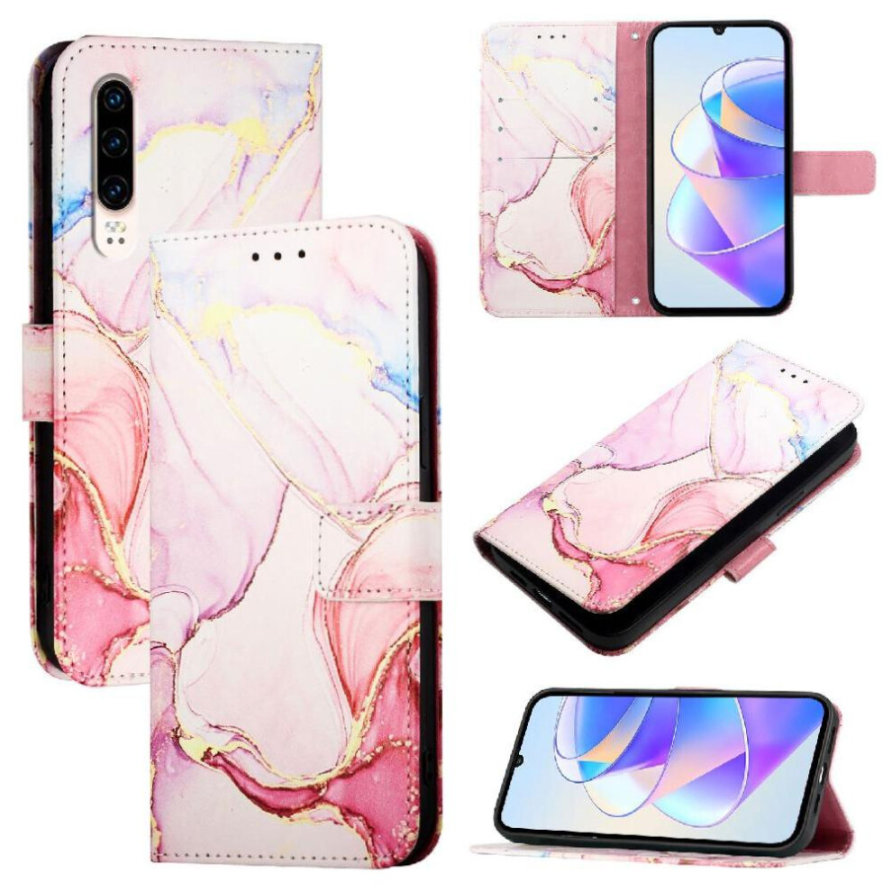 (Pink) Case For Huawei P30 Marble Pattern Kickstand Pu Leather Wallet Pink 764563528318