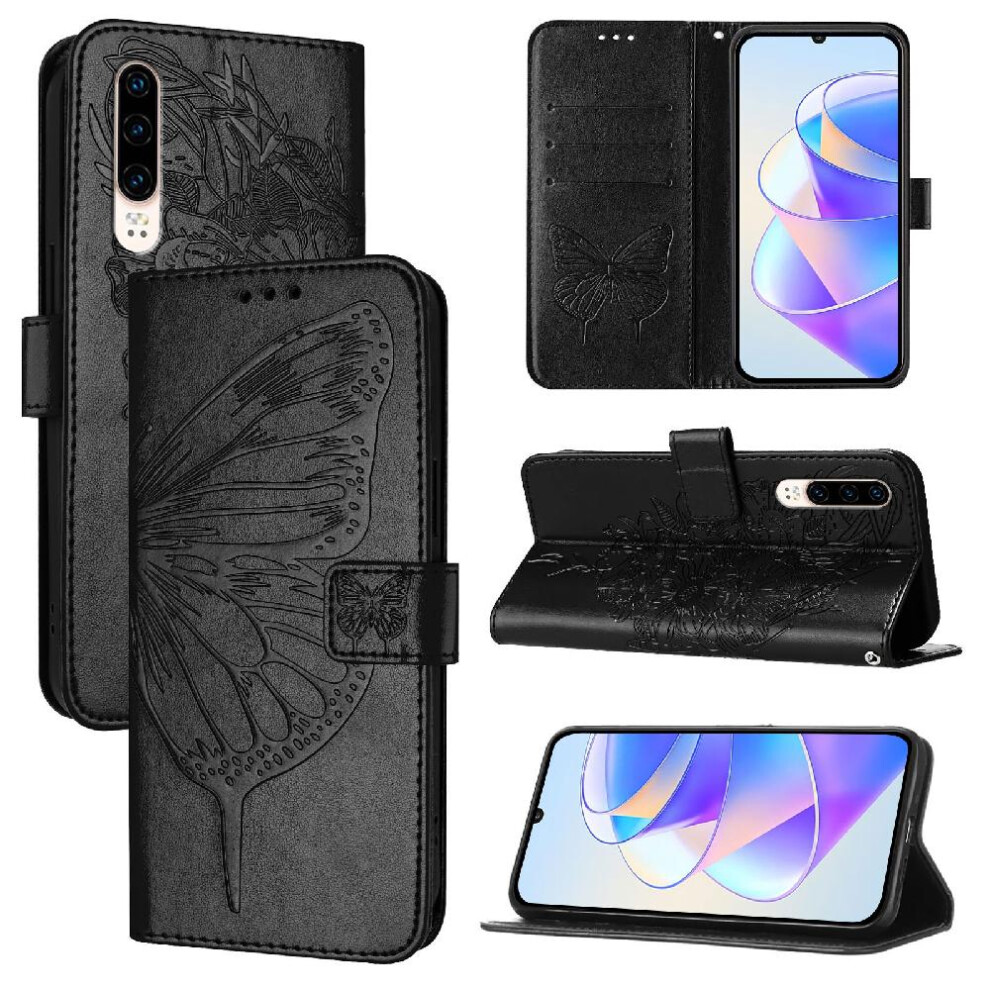 (Black) Case For Huawei P30 Premium Leather Magnetic Embossing Butterfly Flip Cover Black 764563528615