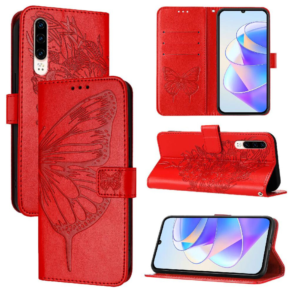 (Red) Case For Huawei P30 Premium Leather Magnetic Embossing Butterfly Flip Cover Red 764563528554