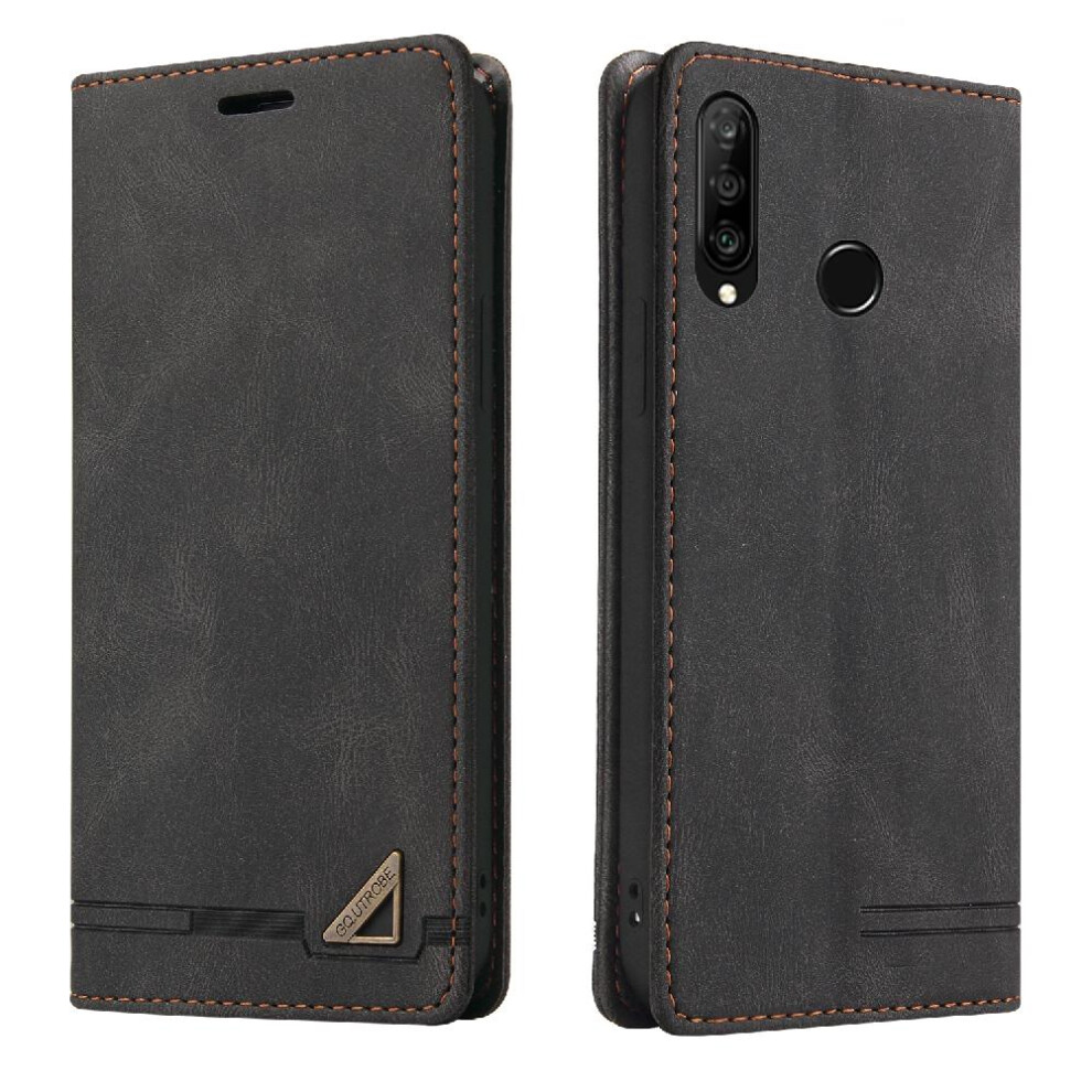 (Black) Case For Huawei P30 Lite/Nova 4E Kickstand Premium Leather Two Card Slots Premium Leather Black 764563528646