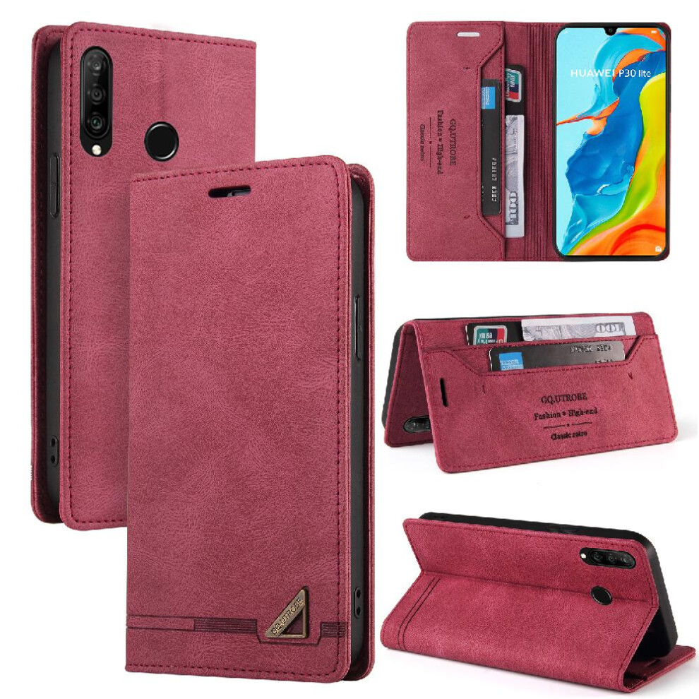 (Red) Case For Huawei P30 Lite/Nova 4E Kickstand Premium Leather Two Card Slots Premium Leather Red 764563528653
