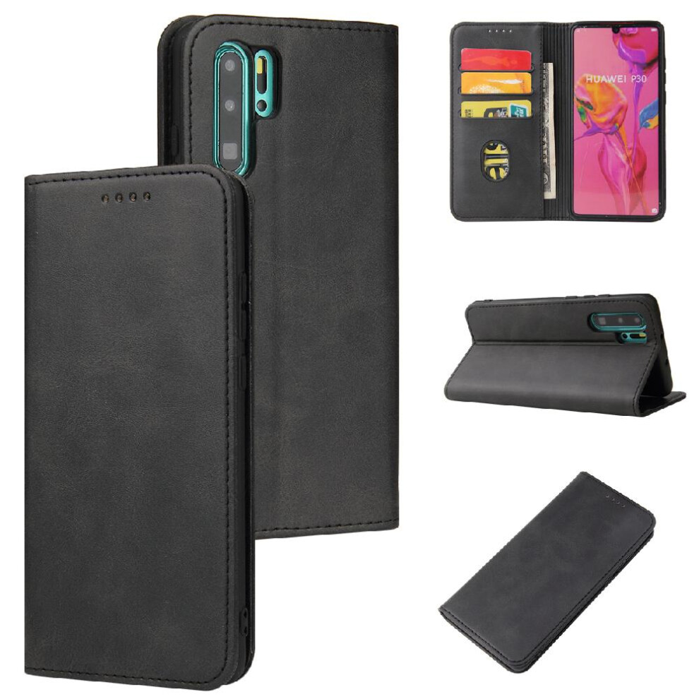 (Black) Case For Huawei P30 Plus Leather Folio Flip Case Card Insertion With Card Holder Kickstand Full Protection Black 764563528844