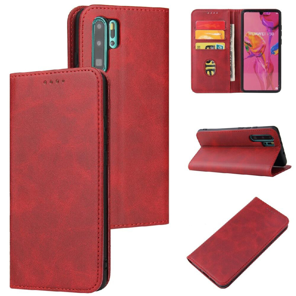 (Red) Case For Huawei P30 Lite Full Protection Card Insertion Leather Folio Flip Case With Card Holder Kickstand Red 764563528882