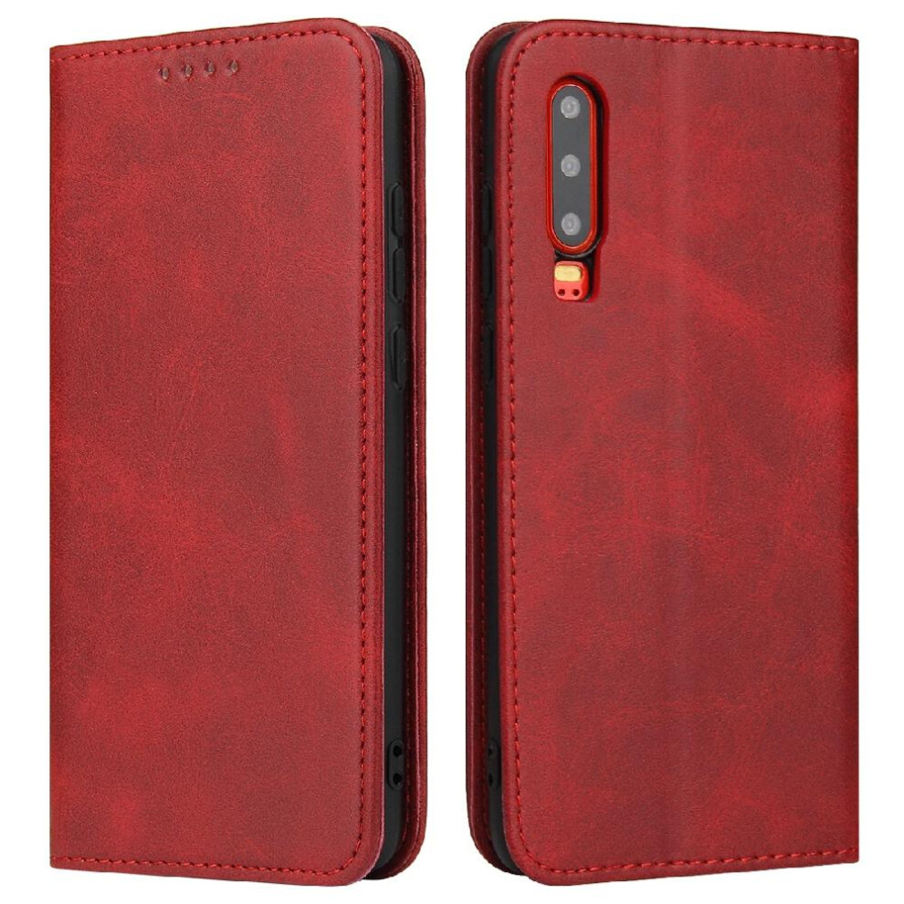(Red) Case For Huawei P30 Card Insertion With Card Holder Kickstand Full Protection Leather Folio Flip Case Red 764563528943
