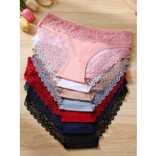 (Set1, M) Women's Solid ColorLeopard /Print Contrast Lace Scallop Trim Knicker,Elegant Regular Fit Fitted Pastel Drop Waist Panty for Lady,Soft Comfy Breathable